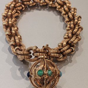 Vintage Art Deco 18K Italian Gold Bracelet With Turquoise, Lapis, Jade, and Chal